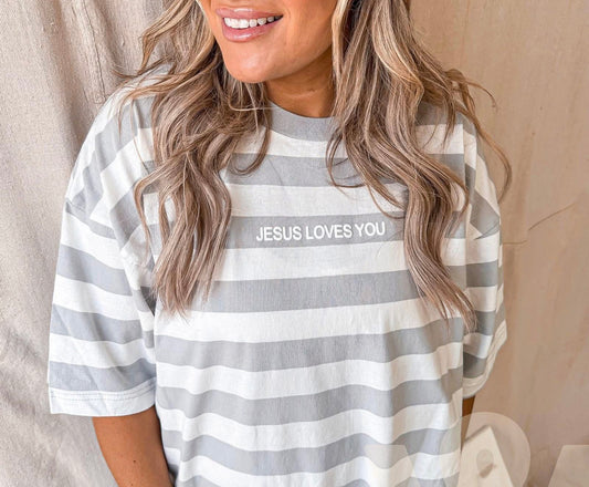 Stripe Jesus loves you tee