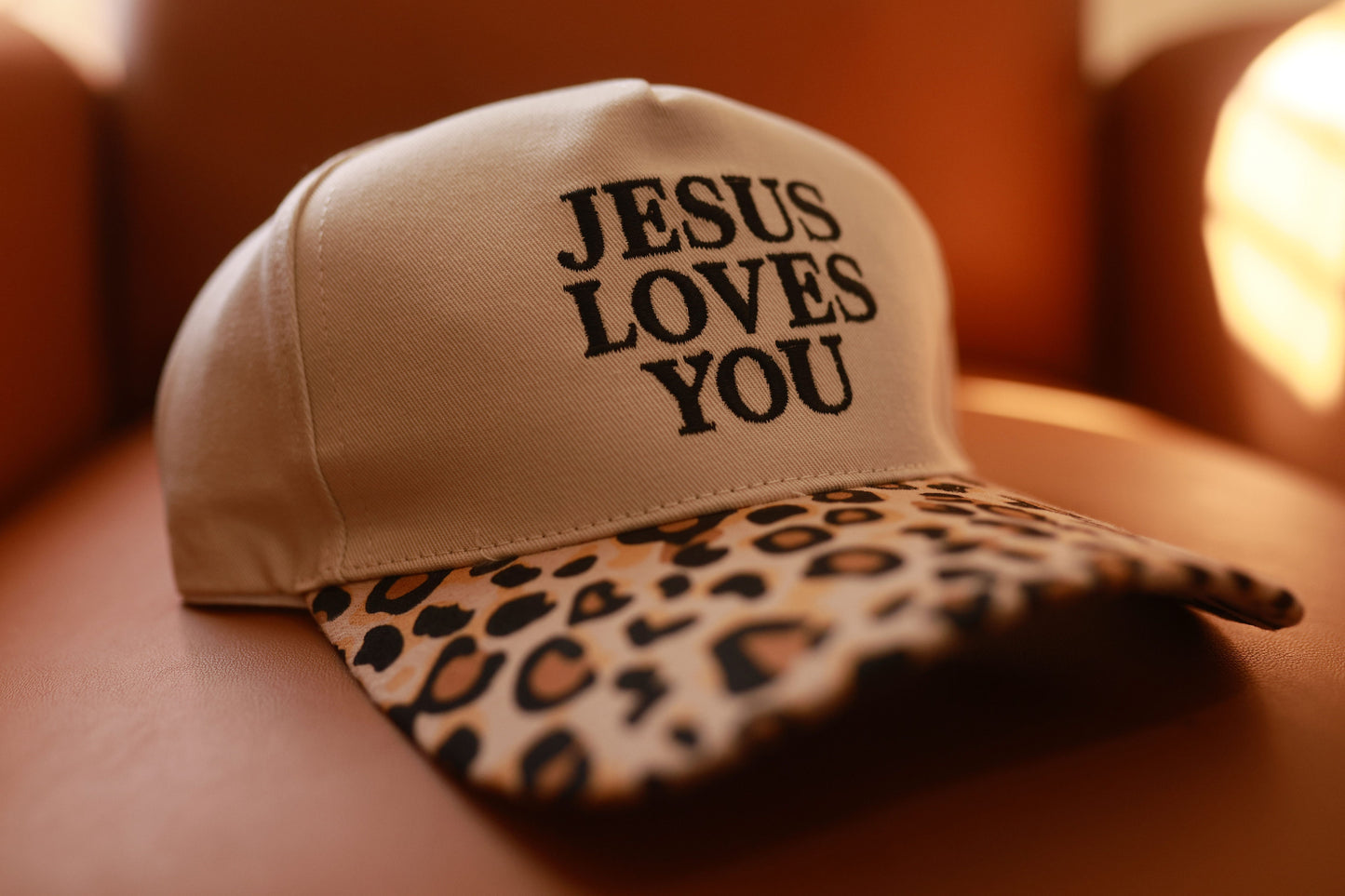 Jesus loves you cheetah embroidered hat